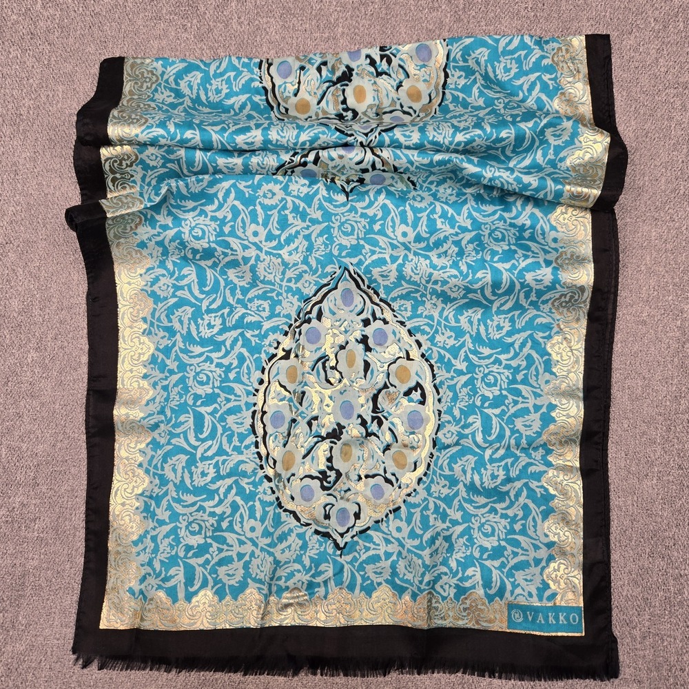 Vakko Silk Scarf Turquoise Gold Foil Ottoman Iznik Floral Oblong Turkey 14x50"